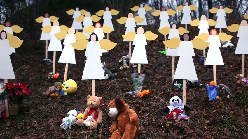 NEWTOWN, CT - DECEMBER 16:  Twenty seven wooden stand in a yard down the street from the Sandy Hook School December 16, 2012 in Newtown, Connecticut. Twenty-six people were shot dead, including twenty children, after a gunman identified as Adam Lanza opened fire at Sandy Hook Elementary School. Lanza also reportedly had committed suicide at the scene. A 28th person, believed to be Nancy Lanza, found dead in a house in town, was also believed to have been shot by Adam Lanza.  (Photo by Spencer Platt/Getty Images)