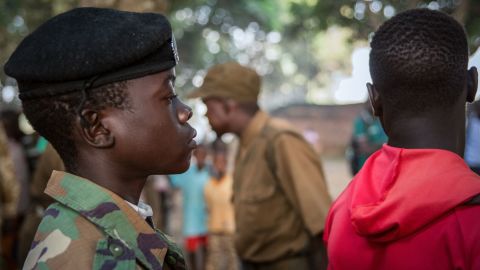 Freed child soldiers wait in a line for their registration during a release ceremony in Yambio, South Sudan.