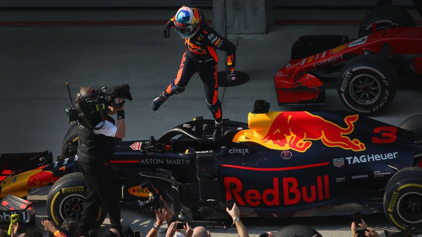 SHANGHAI, CHINA - APRIL 15:  Race winner Daniel Ricciardo of Australia and Red Bull Racing celebrates in parc ferme during the Formula One Grand Prix of China at Shanghai International Circuit on April 15, 2018 in Shanghai, China.  (Photo by Charles Coates/Getty Images)