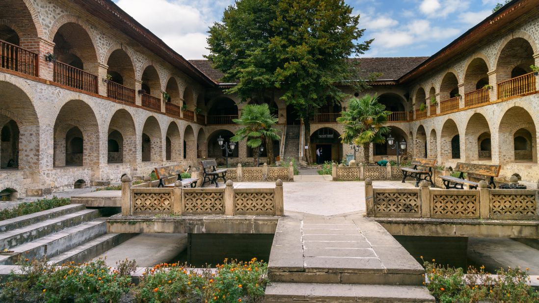 <strong>Discover Sheki's Silk Road legacy: </strong>Sheki, at the foot of the Caucasus Mountains in northwest Azerbaijan, is a former Silk Road city. The city's caravanserai monument (pictured) was originally built to host Silk Road travelers. Part of the building is used as a hotel today. 