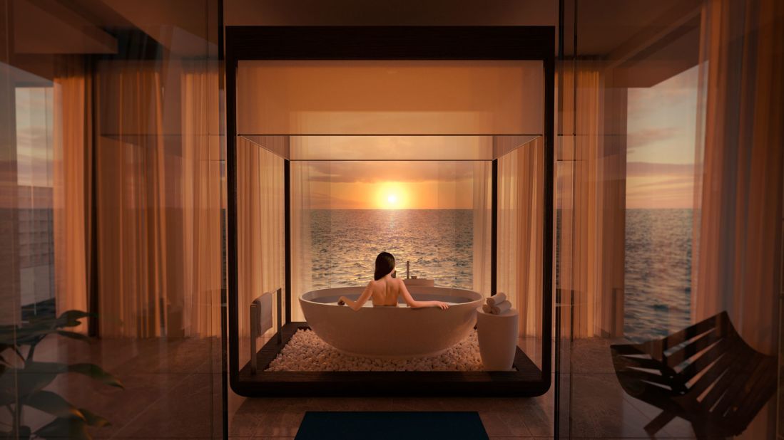 <strong>Luxurious property:</strong> The upper level features a twin-size bedroom, a gym, butler's quarters, an integrated living room, a bar, a sunrise-facing relaxation deck and an ocean-facing bathtub.