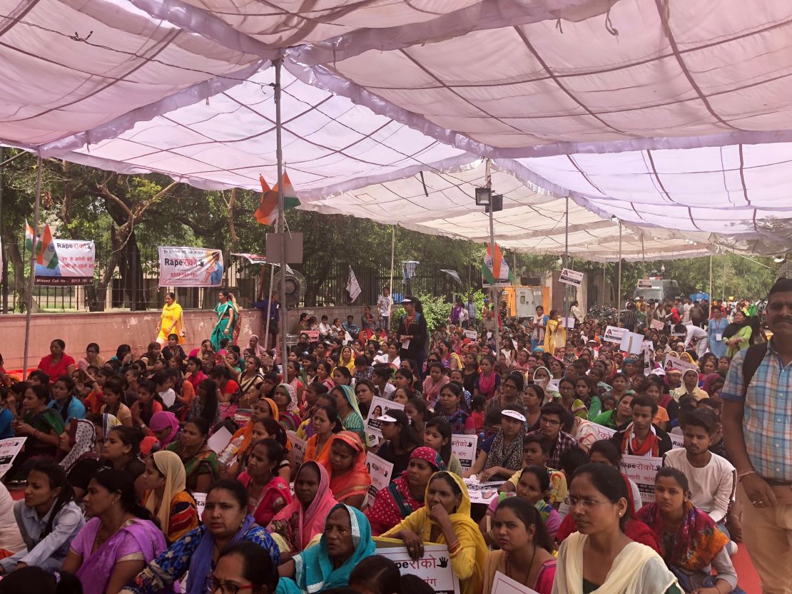 Hundreds of supporters attend a rally at the site of Maliwal's hunger strike and her call for stricter laws against rapists.