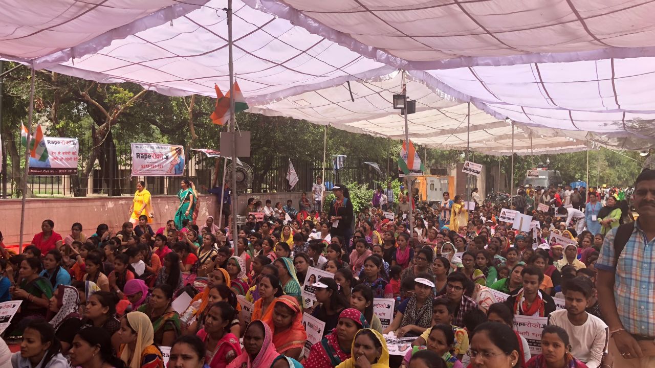 Hundreds of supporters attend a rally at the site of Maliwal's hunger strike and her call for stricter laws against rapists.