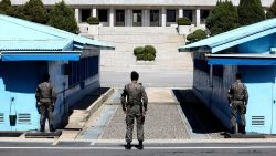 PANMUNJOM, SOUTH KOREA - APRIL 11:  South Korean soldiers stand guard at the border village of Panmunjom between South and North Korea at the Demilitarized Zone (DMZ) on April 11, 2018 in Panmunjom, South Korea. South Korean President Moon Jae-in and North Korean leader Kim Jong-un will meet for the first time on April 27, 2018 in the Peace House, a South Korean building inside Panmunjom.  (Photo by Chung Sung-Jun/Getty Images)