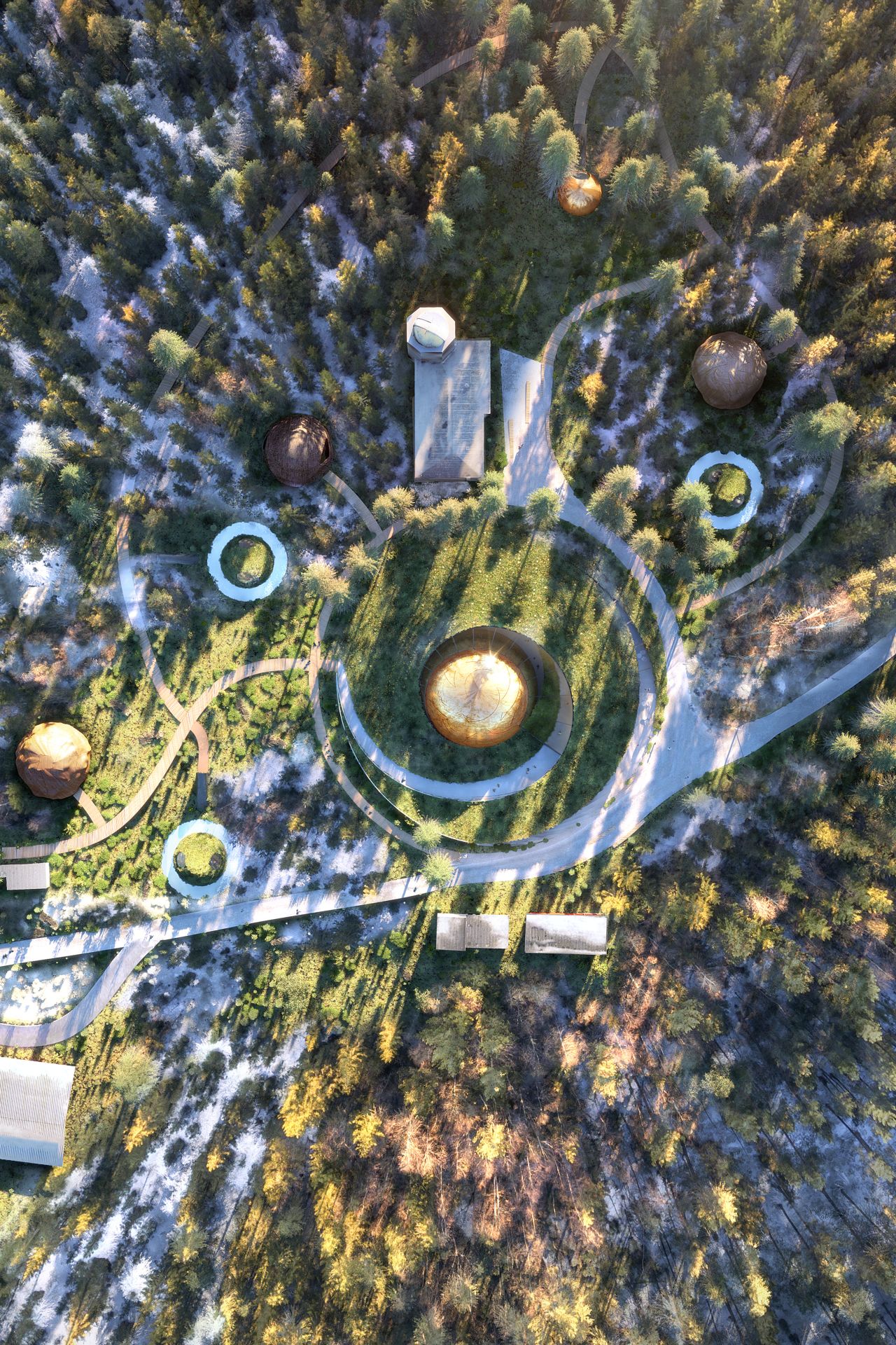 <strong>Celestial conception: </strong>Snøhetta's overarching design concept borrows from various principles of astronomy. As a result, the aerial view resembles a solar system, with the planetarium at the center. 
