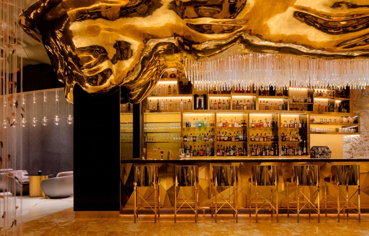 Gold cocktails take center stage at Gold On 27, a bar bedecked in gold leaf, situated on the 27th floor of the Burj Al Arab in Dubai. <br />