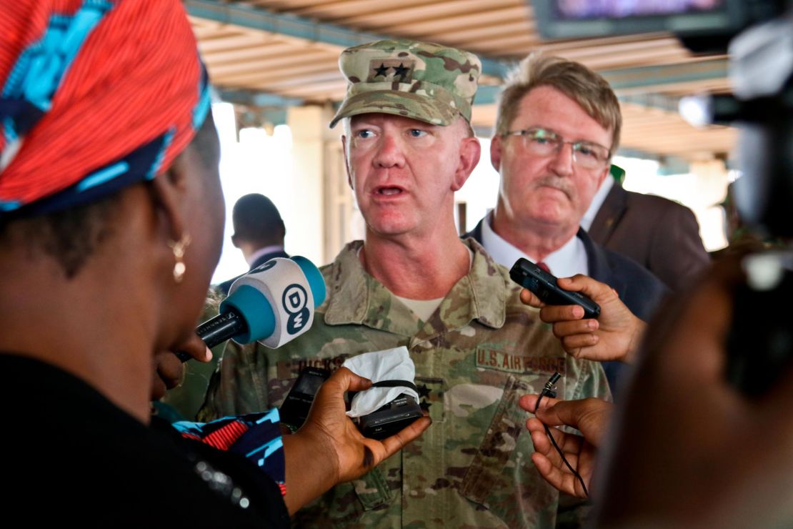 NIAMEY, Niger -- US Air Force Maj. Gen. Marcus Hicks, commander, Special Operations Command Africa, is interviewed by local media after the opening ceremony of Flintlock 2018 in Niamey, Niger, April 11, 2018. (US Army Photo by Sgt. Heather Doppke/79th Theater Sustainment Command)
