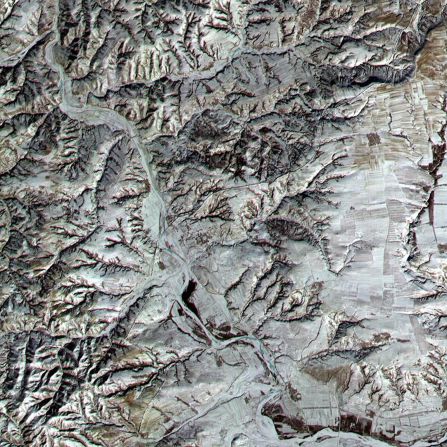 <strong>Great Wall of China:</strong> Stretching more than 13,000 miles across northern China, the Great Wall of China is thought to have been built in the third century BC. The ancient fortification is now one of the most visited landmarks in the world. The Terra satellite took this image showing northern Shanxi Province, where the wall weaves through the craggy mountains.