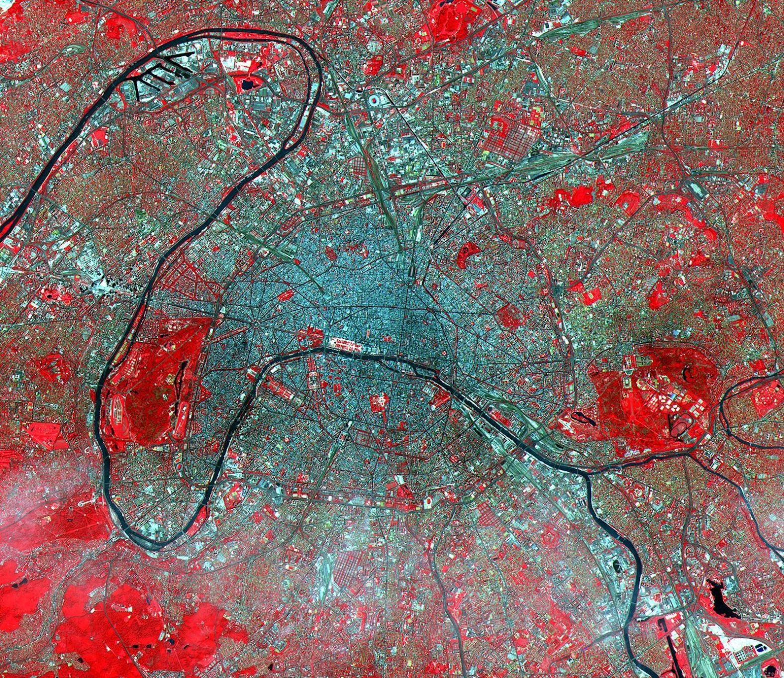 <strong>Paris, France:</strong> You can just barely make out the Eiffel Tower -- in the middle on the left, by the Seine River -- in this image from NASA's Terra satellite.