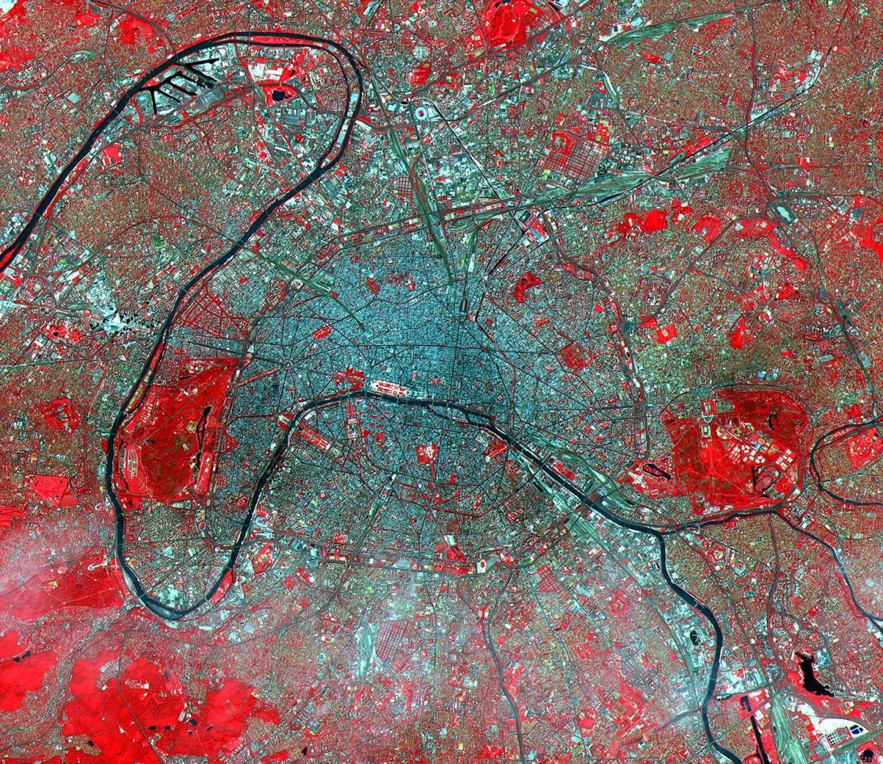 <strong>Paris, France:</strong> You can just barely make out the Eiffel Tower -- in the middle on the left, by the Seine River -- in this image from NASA's Terra satellite.  
