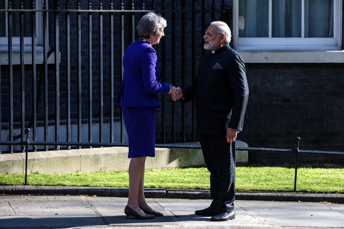 British Prime Minister Theresa May greets Indian Prime Minister Narendra Modi outside Number 10 Downing Street ahead of a bilateral meeting on April 18, 2018 in London, England.