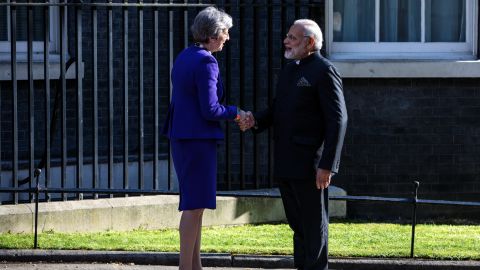 British Prime Minister Theresa May greets Indian Prime Minister Narendra Modi outside Number 10 Downing Street ahead of a bilateral meeting on April 18, 2018 in London, England.