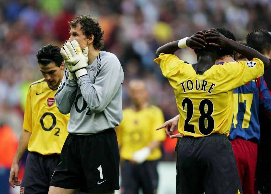  Lehmann was visibly distraught as he left the pitch after fouling Barcelona's Samuel Eto'o.