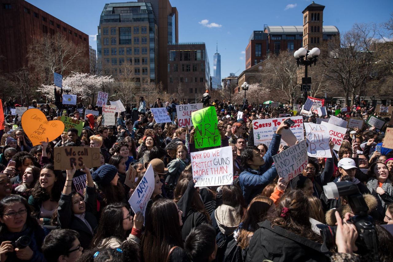 Student activists rally against gun violence at Washington Square Park in New York.