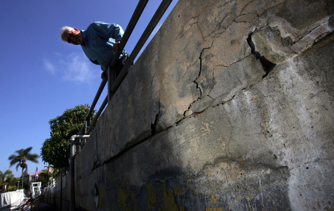 A sea wall in Naples Island, California shows signs of degradation. Salt air is one of a number of factors that can shorten the lifespan of concrete.