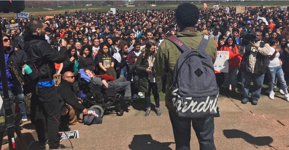 Brendan Smith, a sophomore at Kenwood Academy, addresses a crowd Friday at Chicago's Grant Park.