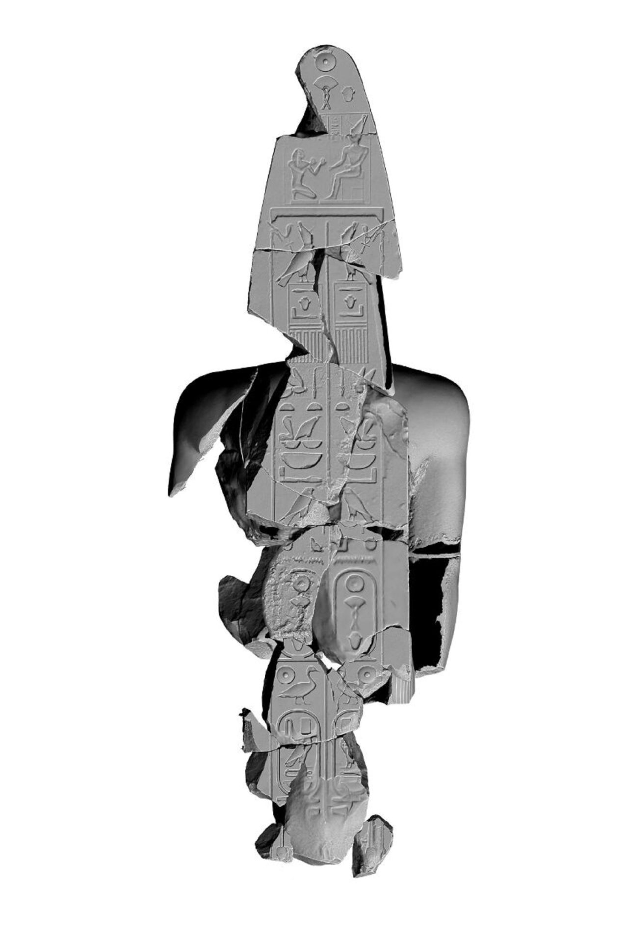 This visualization of the back pillar of the quartzite statue shows an inscription giving the full title of King Psamtik. Christopher Breninek worked on the visualizations for the Heliopolis Project.