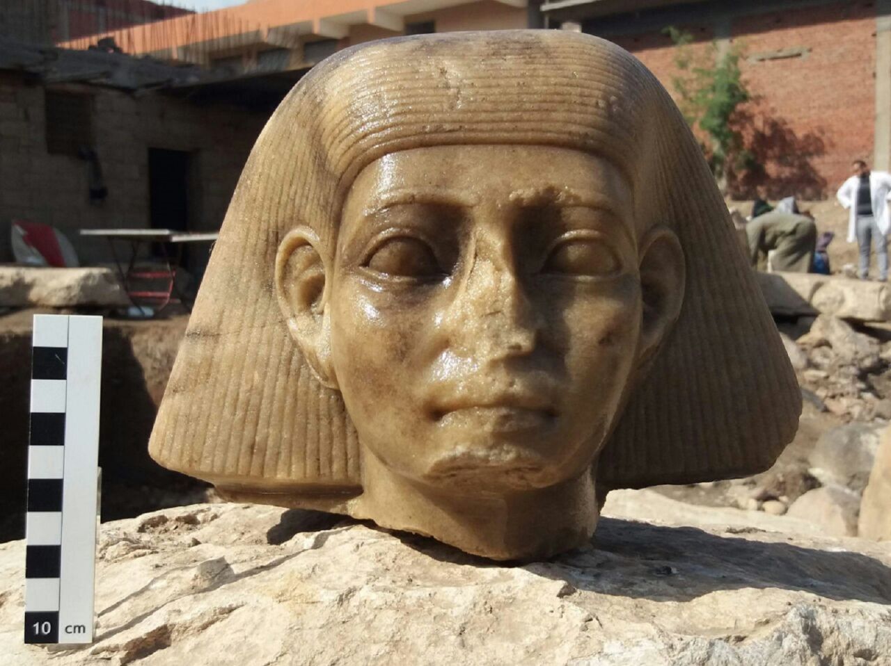 Other finds at the site include this head, also made from quartzite, dating to around 650 BC. Quartzite is a particularly durable material, and is therefore difficult to carve. Excavation leader Dietrich Raue says they may have used quartzite for its color variations -- the statue of Psamtik moves from purple to pink to dark brown.