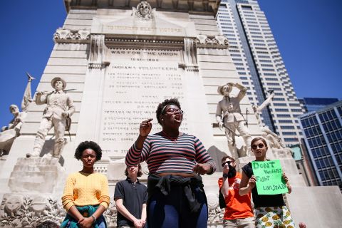 Eugena King, senior class president at Herron High School, speaks out to fellow students at the Soldiers and Sailors Monument in Indianapolis.