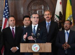 Los Angeles Mayor Mayor Eric Garcetti declares an emergency shelter crisis and signs the 'Interim Motel Conversion' ordinances into law, to help solve the homeless crisis in Los Angeles, California on April 17, 2018.