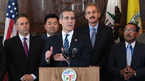 Los Angeles Mayor Mayor Eric Garcetti declares an emergency shelter crisis and signs the 'Interim Motel Conversion' ordinances into law, to help solve the homeless crisis in Los Angeles, California on April 17, 2018.