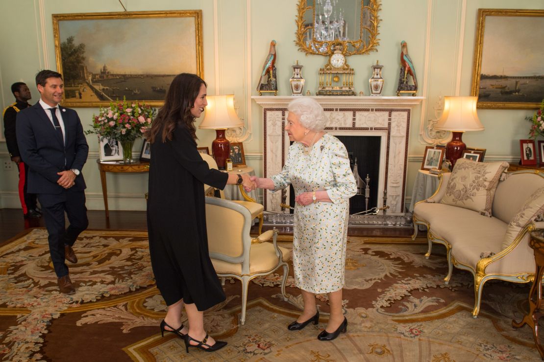 Ardern and her partner Clarke Gayford are greeted by Queen Elizabeth II during a private audience at Buckingham Palace on April 19.