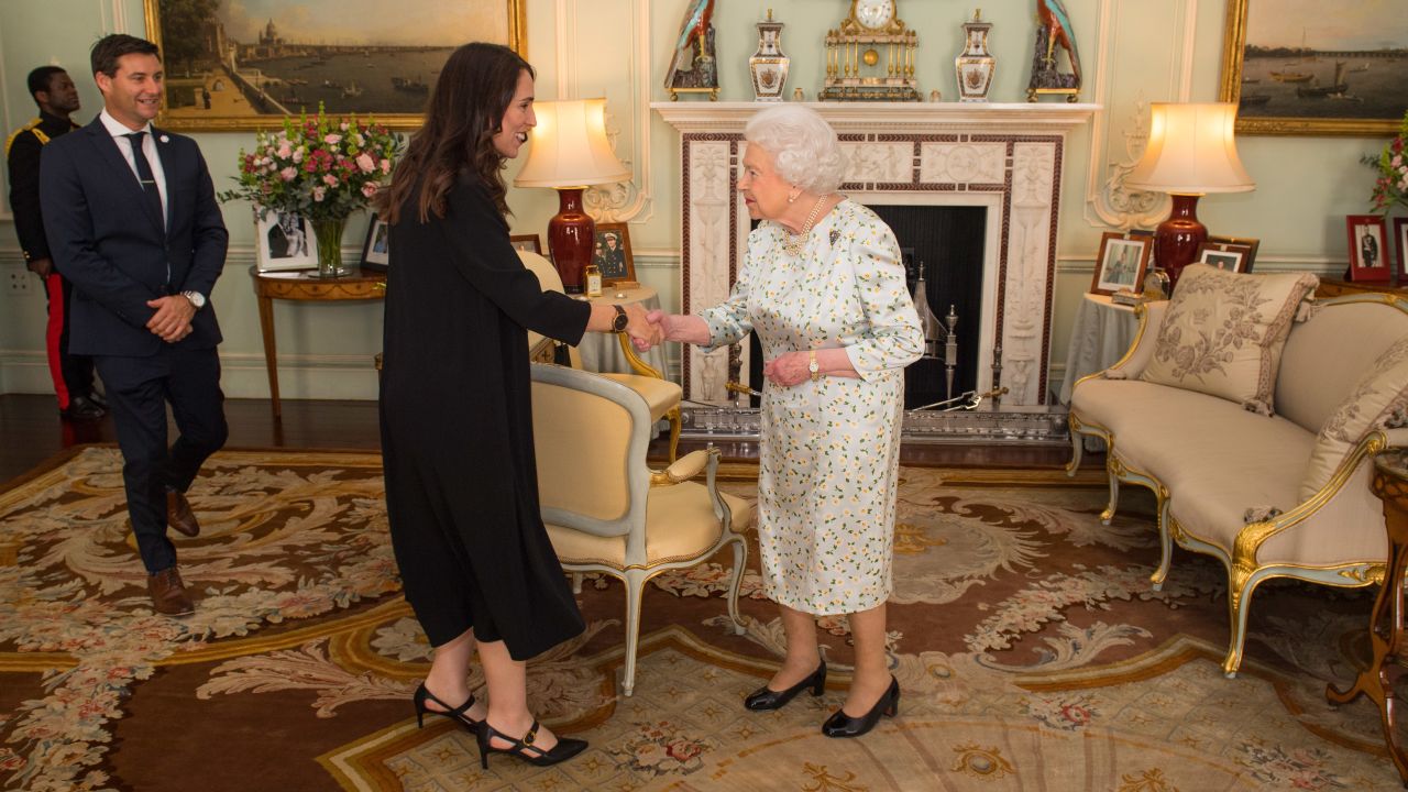 Ardern and her partner Clarke Gayford are greeted by Queen Elizabeth II during a private audience at Buckingham Palace on April 19.