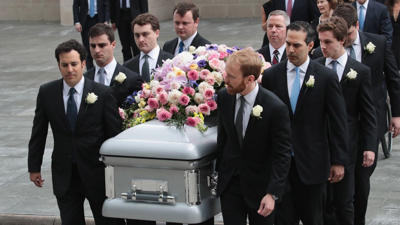 The coffin of former first lady <a href="https://www.cnn.com/2017/01/20/politics/gallery/barbara-bush/index.html" target="_blank">Barbara Bush</a> is carried from St. Martin's Episcopal Church following her funeral service on Saturday, April 21, in Houston. Bush, wife of former president George H. W. Bush and mother of former president George W. Bush, died at her home in Houston on April 17 at age 92.  