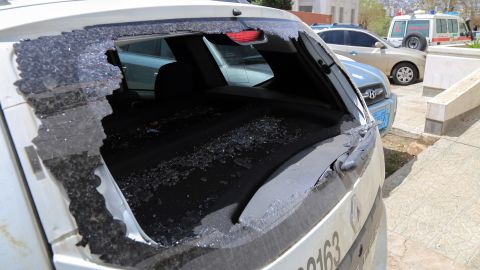 A picture taken on April 21, 2018, shows the shattered rear window of the vehicle that was carrying Red Cross employee Hanna Lahoud, parked outside a hospital.