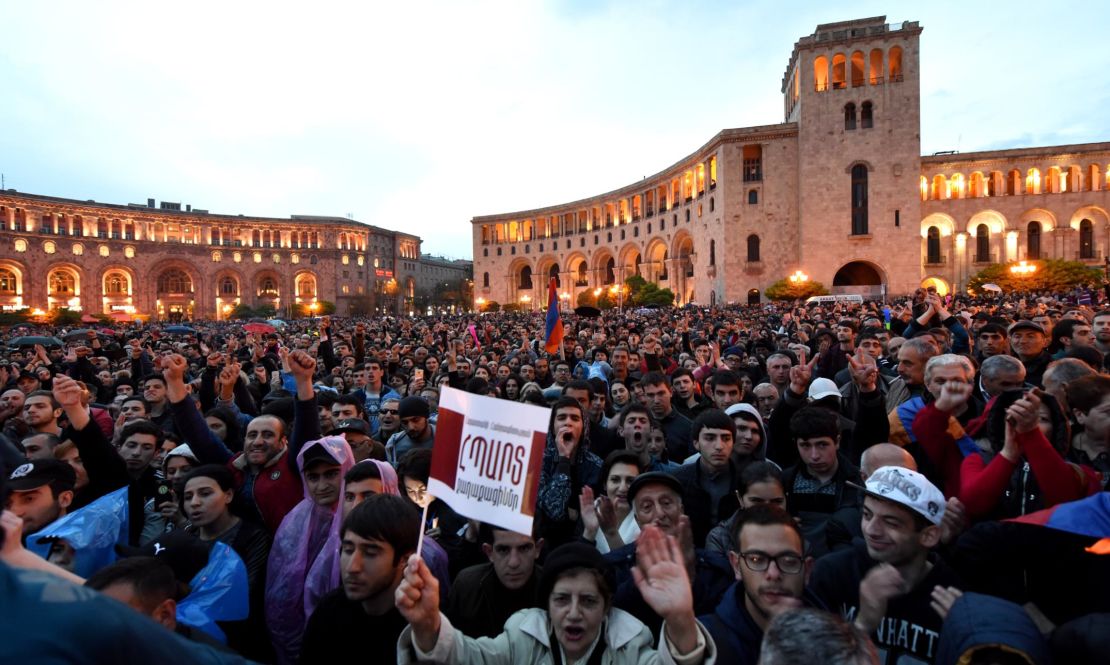 Thousands of protesters gathered in Yerevan, on  April 20, 2018.