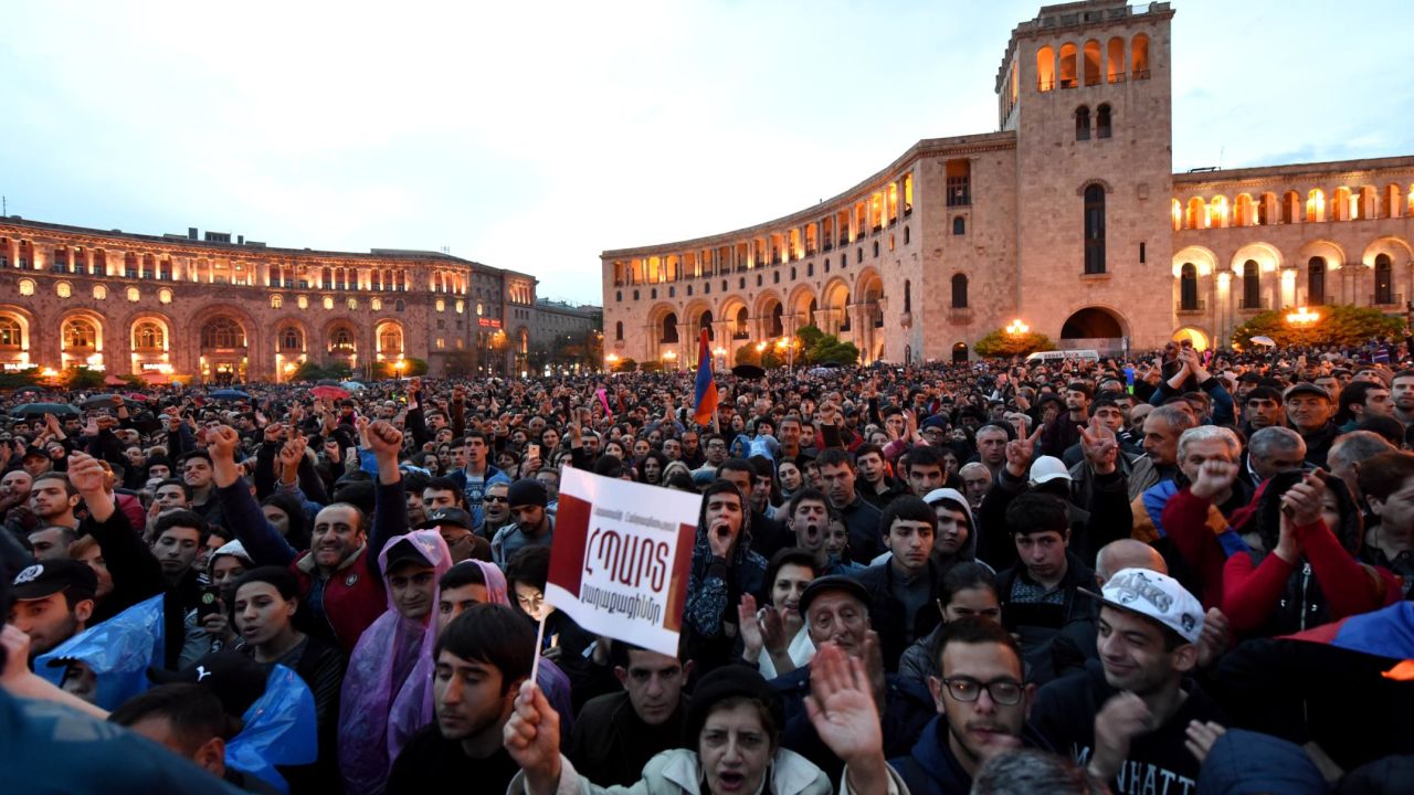 Thousands of protesters gathered in Yerevan, on  April 20, 2018.