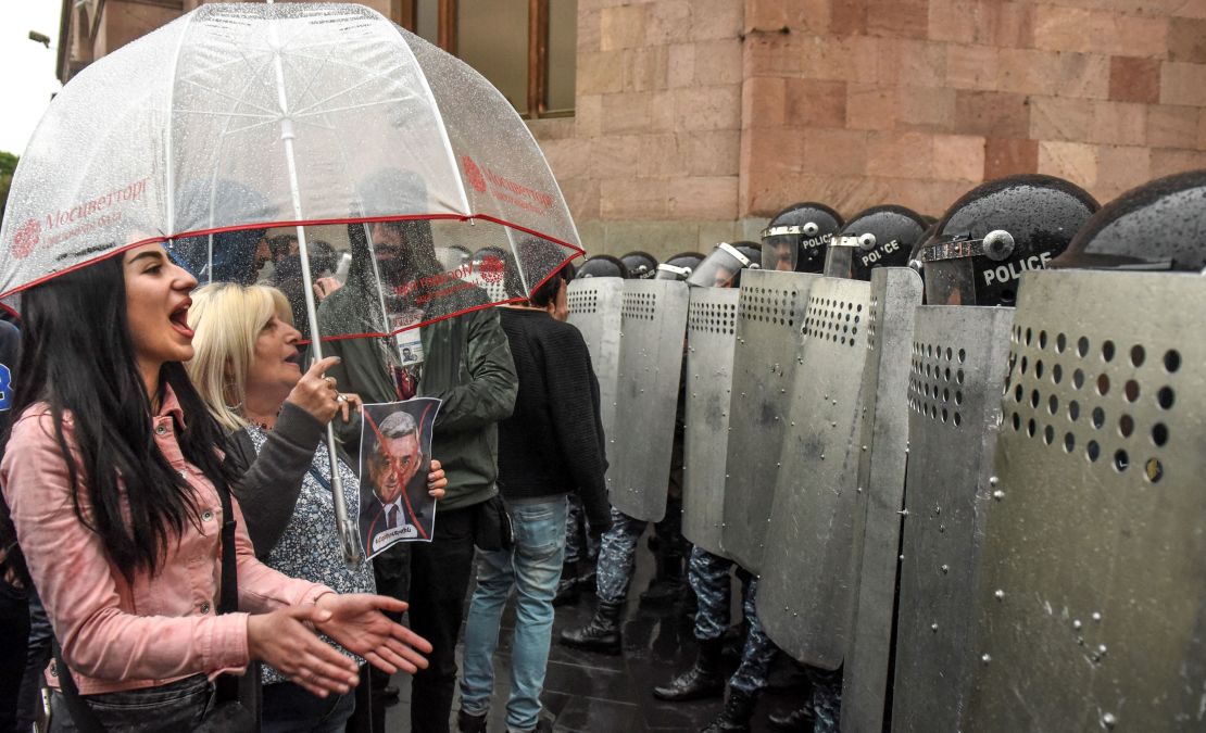 Armenian special forces block a street during an opposition rally in Yerevan on April 19.