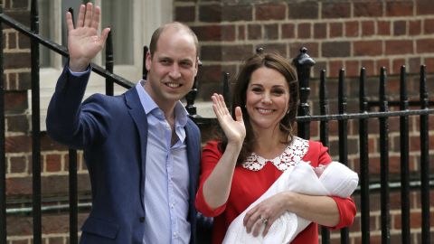 Britain's Prince William and his wife Catherine, the Duchess of Cambridge, hold <a href="https://edition.cnn.com/interactive/2018/04/world/royal-baby-cnnphotos/index.html" target="_blank">their newborn baby son</a> outside a London hospital on April 23, 2018. The boy, whose name was announced several days later as Louis Arthur Charles, is their third child.