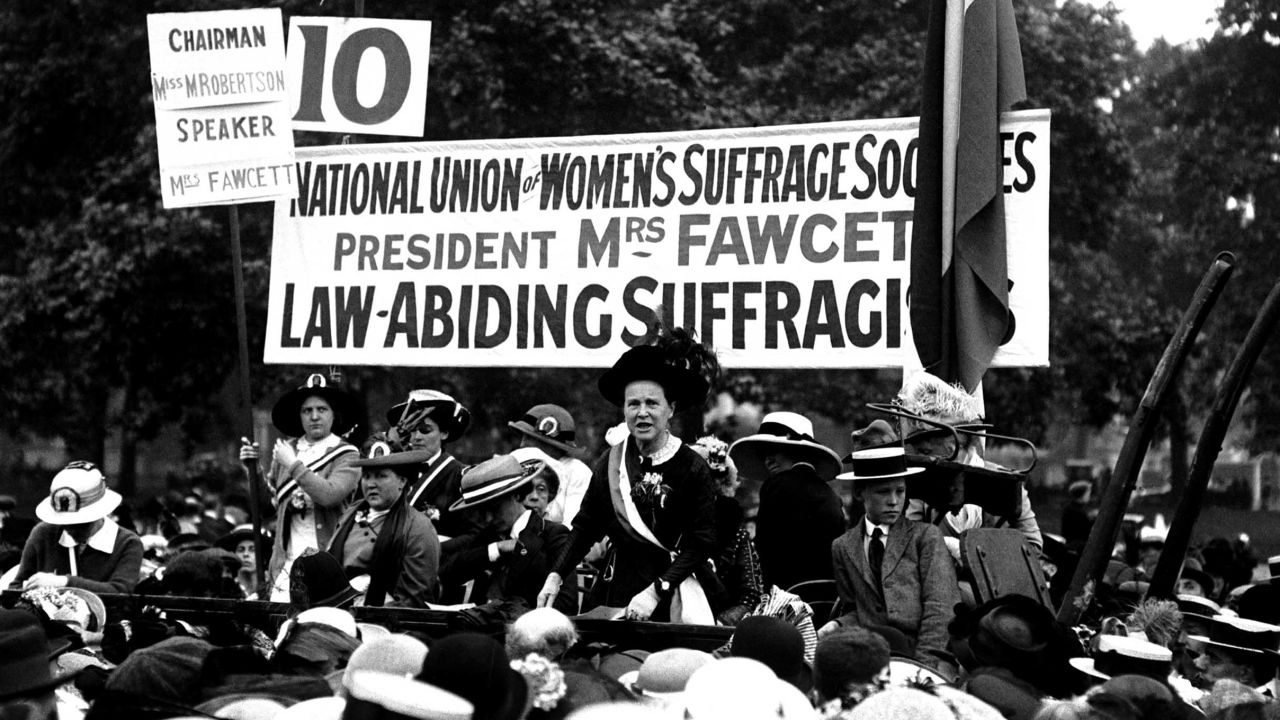 Millicent Fawcett, who founded the National Union of Women's Suffrage, speaks in Hyde Park. 