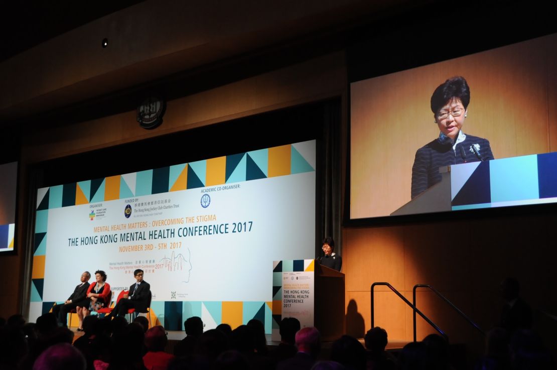 Hong Kong Chief Executive Carrie Lam speaking at the first Hong Kong Mental Health Conference last year.