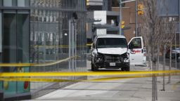 Police inspect a van suspected of being involved in a collision injuring at least eight people at Yonge St. and Finch Ave. on April 23, 2018 in Toronto, Canada. A suspect is in custody after a white van collided with multiple pedestrians. 