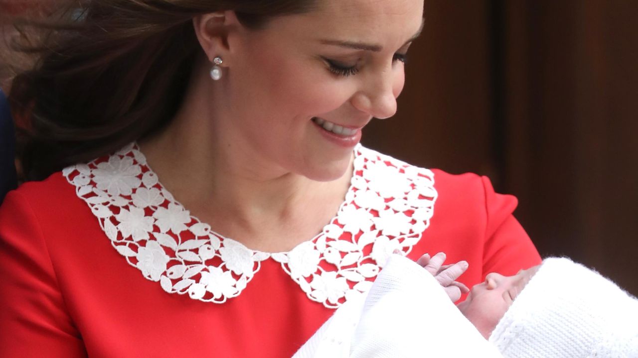 Catherine, Duchess of Cambridge, departs the Lindo Wing with her newborn son, Louis, just hours after his birth on April 23, 2018.