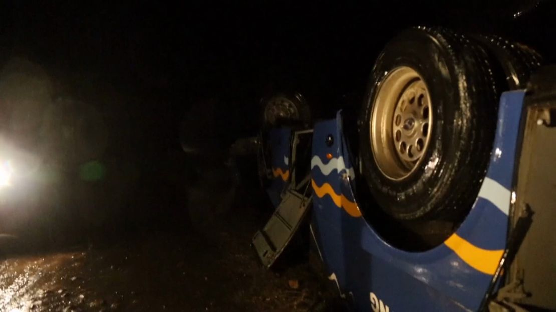 A still image taken from Chinese media footage shows a crashed tour bus in North Korea's North Hwanghae province.