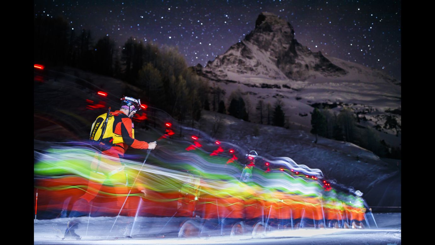 In this photo, taken with a slow shutter speed, skiers race in front of the Matterhorn mountain in Switzerland on Tuesday, April 17. They were competing in the Glacier Patrol race, which spanned 53 kilometers (32.9 miles) along the Swiss-Italian border.