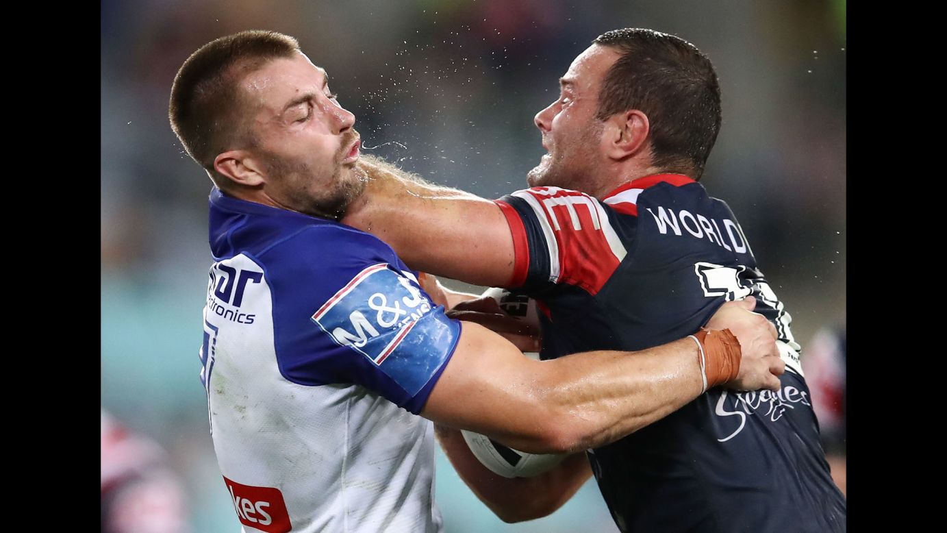 Sydney's Boyd Cordner delivers a forearm to Kieran Foran as Foran tries to tackle him during a National Rugby League match on Thursday, April 19.