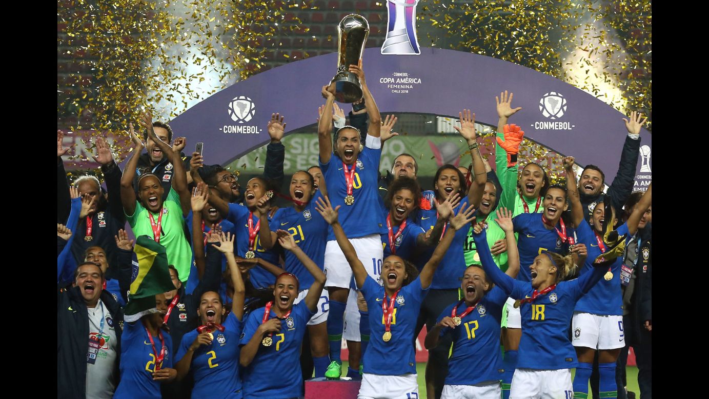 Brazilian soccer players celebrate after they defeated Colombia to win the Copa America Femenina on Sunday, April 22. Brazil has dominated the South American tournament since it began in 1991. It has finished second only one time (in 2006).