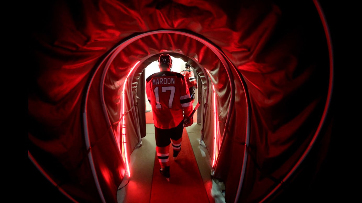 New Jersey forward Patrick Maroon leaves the ice after the first period of an NHL playoff game on Wednesday, April 18. The Devils lost their first-round playoff series to Tampa Bay, the top seed in the Eastern Conference.