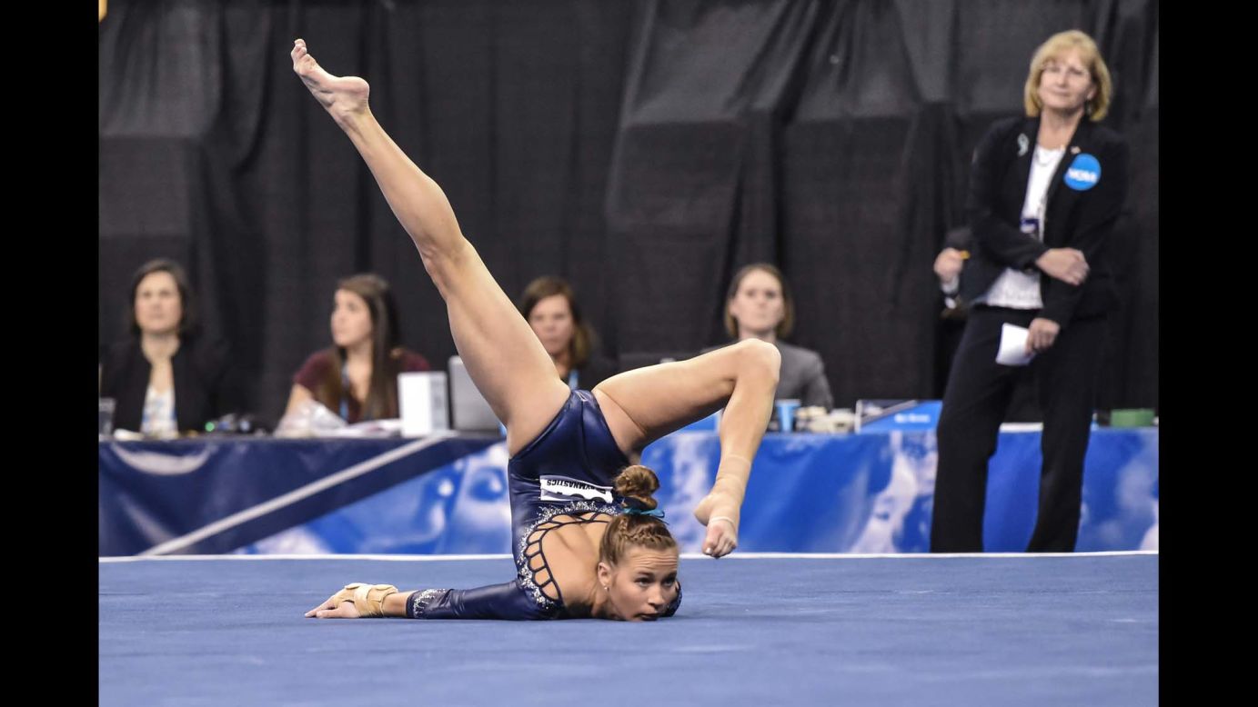 UCLA's Madison Kocian performs her floor exercise during the NCAA semifinals on Friday, April 20. Kocian and the Bruins went on to win the national title. Kocian was also a member of the US Olympic team that won gold in 2016.