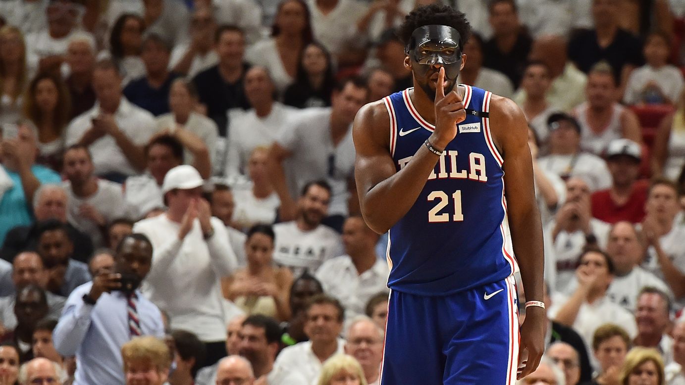 Philadelphia center Joel Embiid shushes the crowd during an NBA playoff game in Miami on Thursday, April 19. Embiid, playing in his first game since suffering a broken orbital bone, <a href="https://bleacherreport.com/articles/2771518-joel-embiid-drops-23-in-return-from-injury-as-76ers-take-2-1-lead-over-heat" target="_blank" target="_blank">had a team-high 23 points</a> as the 76ers won 128-108 and took a 2-1 lead in the first-round series.