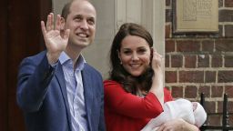Britain's Prince William and Kate, Duchess of Cambridge wave as they hold their newborn baby son as they leave the Lindo wing at St Mary's Hospital in London London, Monday, April 23, 2018. The Duchess of Cambridge gave birth Monday to a healthy baby boy — a third child for Kate and Prince William and fifth in line to the British throne. (AP Photo/Tim Ireland)