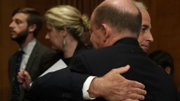 WASHINGTON, DC - APRIL 23:  U.S. Sen. Bob Corker (R-TN) (R), chairman of the Senate Foreign Relations Committee, hugs Sen. Chris Coons (D-DE) (2nd R) after a committee meeting April 23, 2018 on Capitol Hill in Washington, DC. The committee has approved to the nomination of CIA Director Mike Pompeo to be the next Secretary of State. Sen. Coons broke a deadlock and voted "present" to avoid keeping the meeting open until Sen. Johnny Isakson (R-GA) can join the meeting from delivering a eulogy out of town.  (Alex Wong/Getty Images)