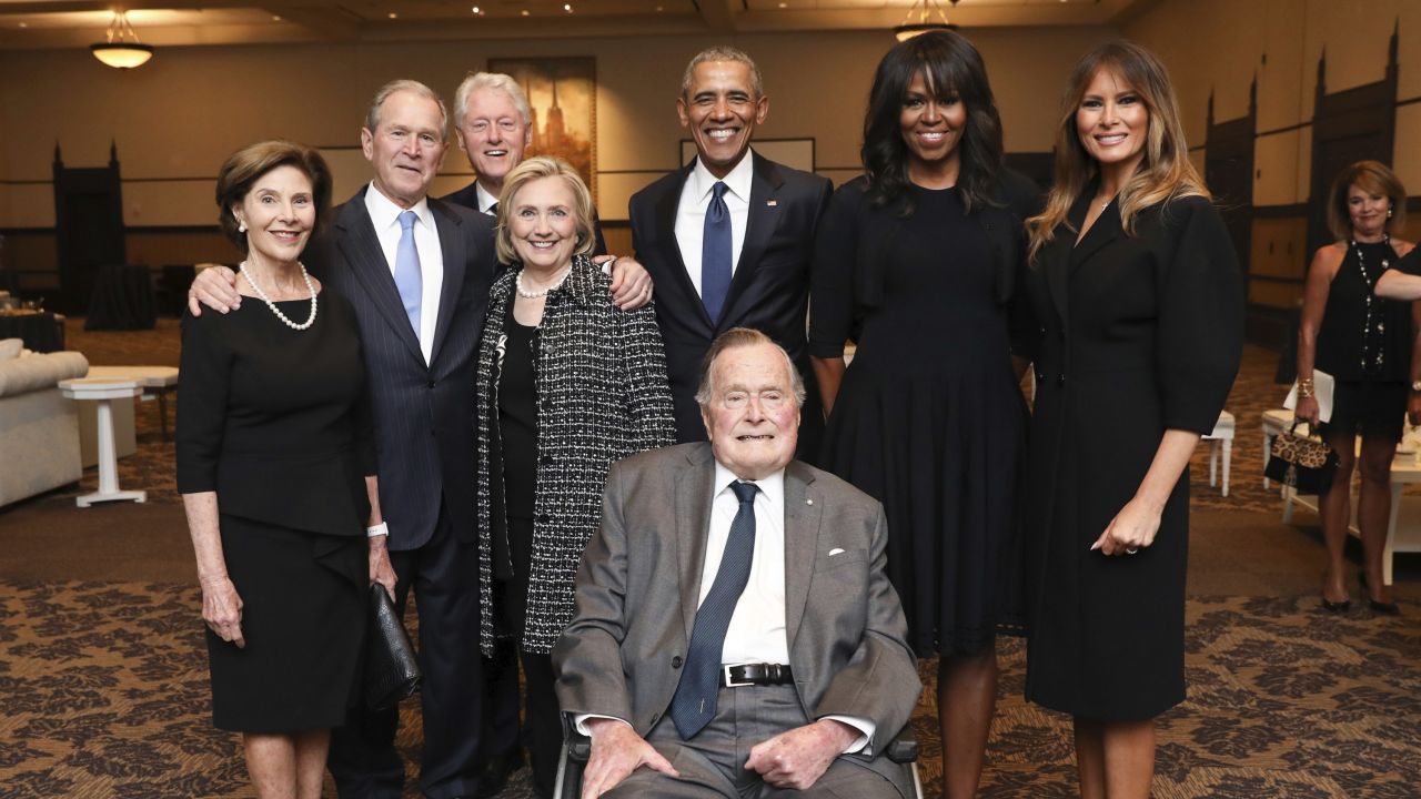 Former presidents and first ladies, including Bill and Hillary Clinton and Barack and Michelle Obama, as well as current first lady Melania Trump, join George H.W. Bush, George W. Bush and Laura Bush at the funeral ceremony for the late first lady Barbara Bush on April 21, 2018.