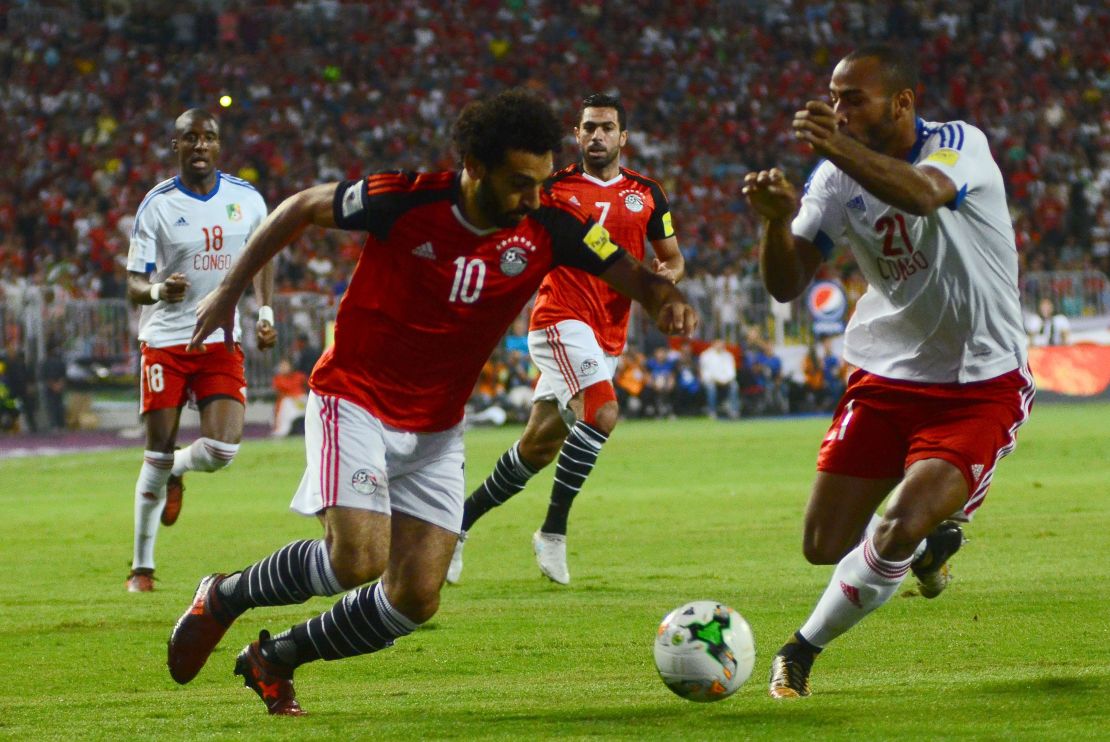 Salah vies for the ball against Congo's Tobias Badila during their World Cup qualifying game.