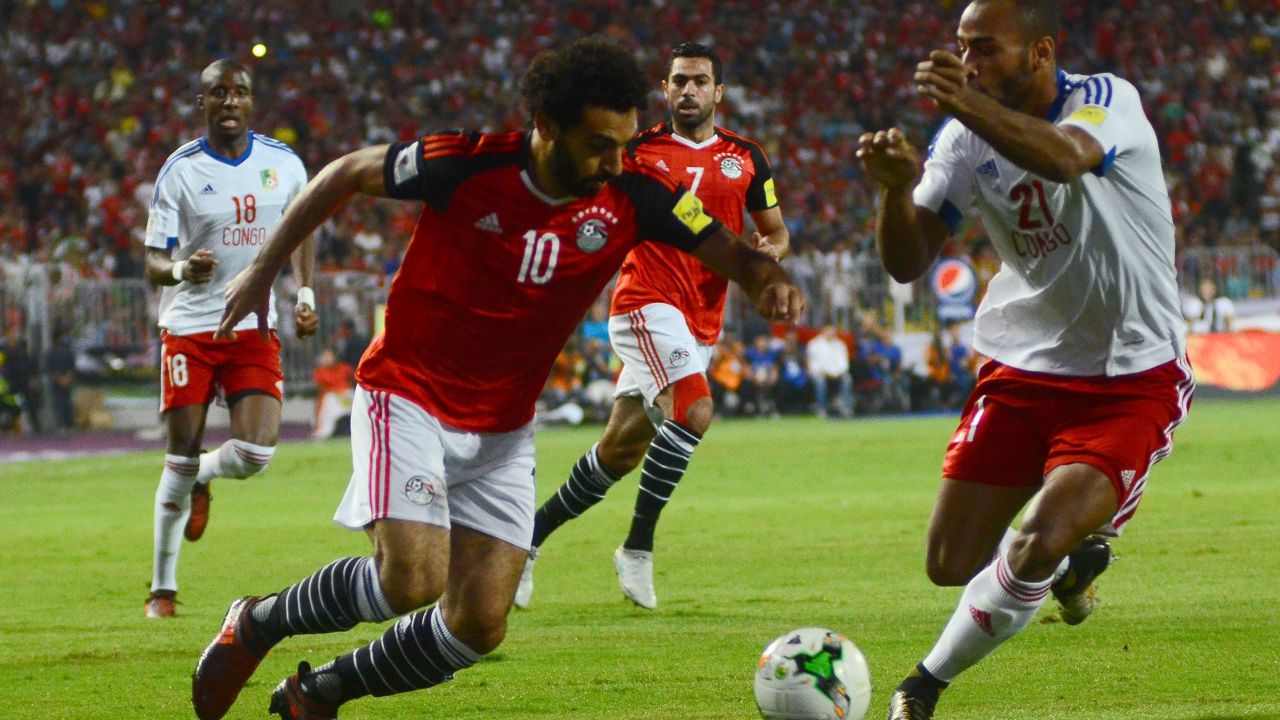 Salah vies for the ball against Congo's Tobias Badila during their World Cup qualifying game.