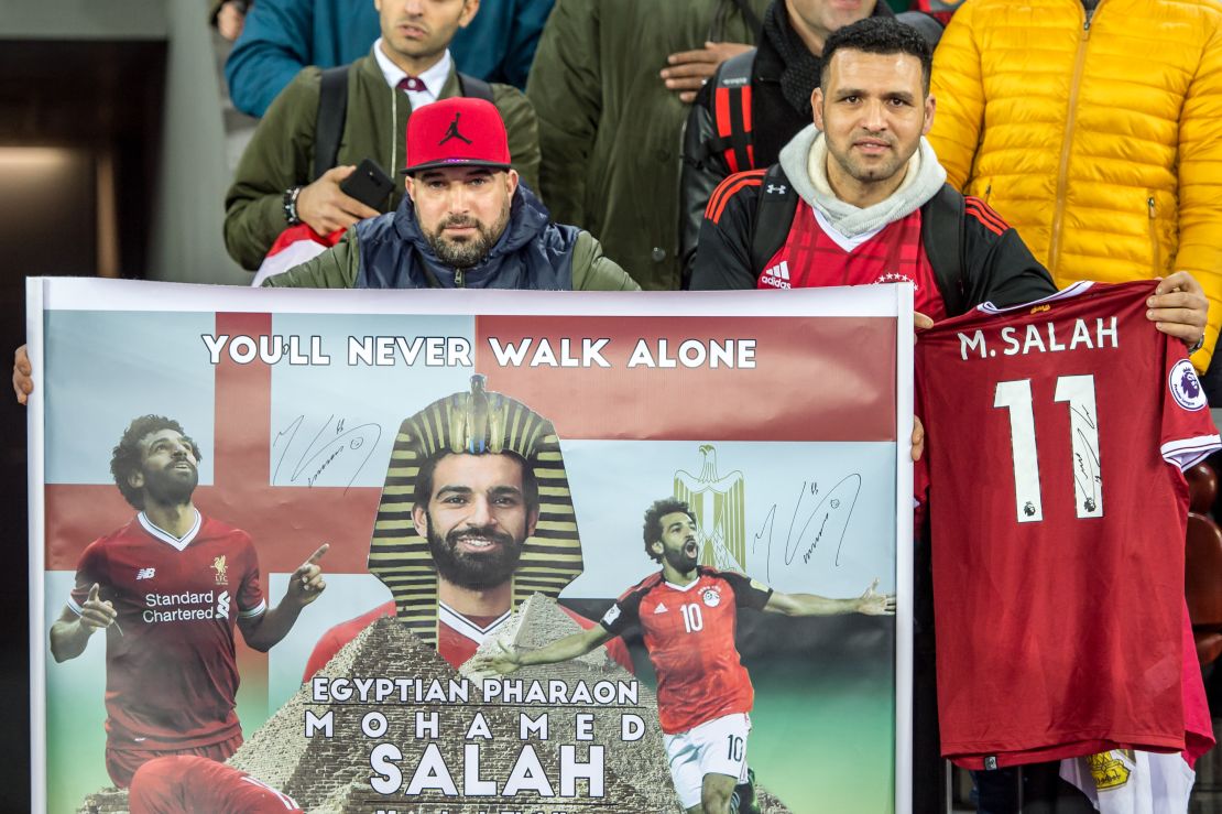 Egypt fans with a Salah banner 
during the recent game with Portugal.